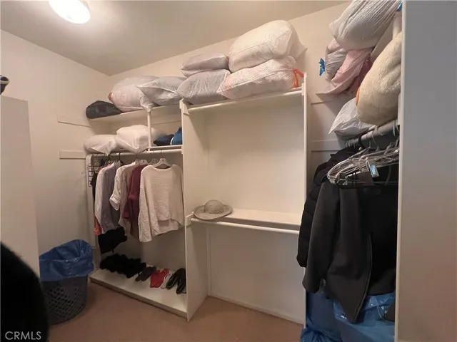 a view of walk in closet with clothes and shoes