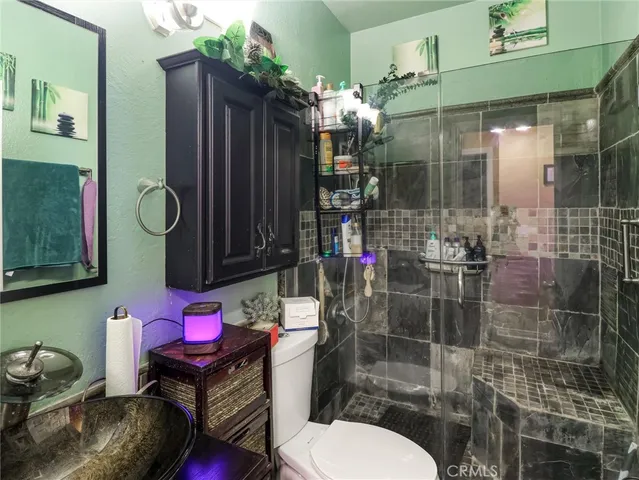a bathroom with a toilet a sink and shower
