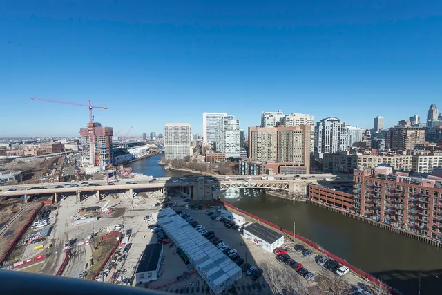 a city view with tall buildings