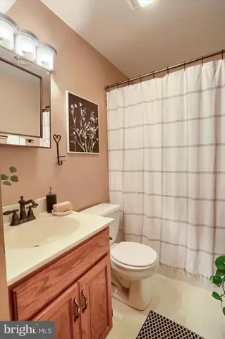 a bathroom with a sink a toilet and shower curtain