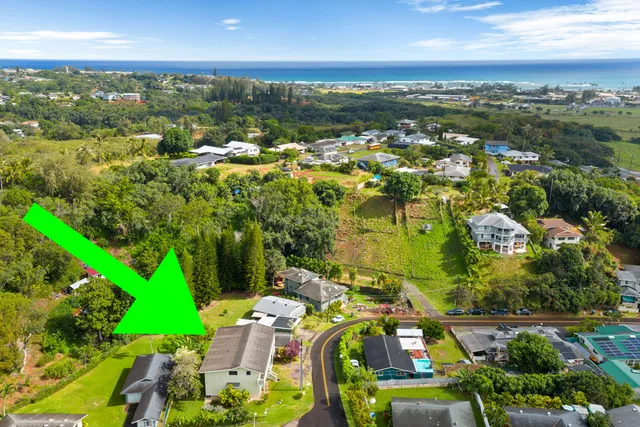 an aerial view of residential houses with outdoor space and ocean view