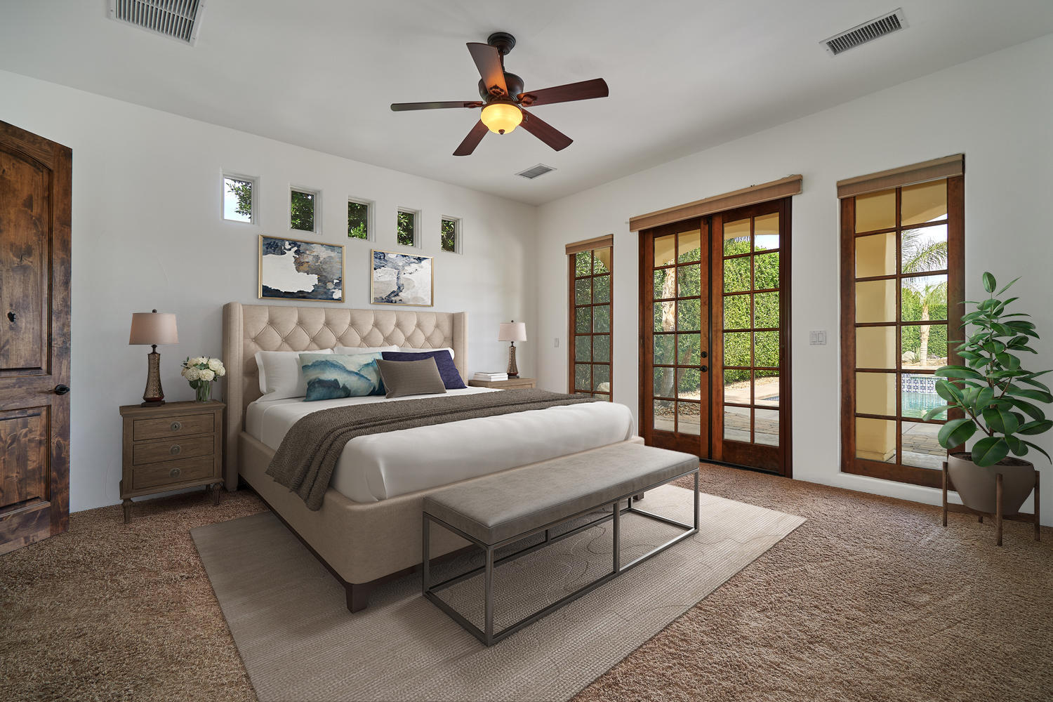 695 West Racquet Club Road Palm Springs, CA 92262 - Photo 40 of 50 a bedroom with a balcony a bed and a chandelier