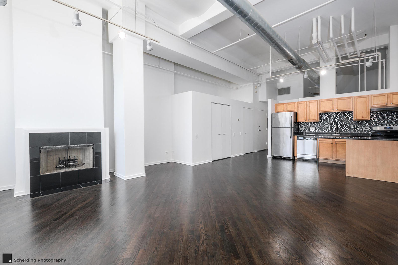 500 South Clinton Street, Unit 130 Chicago, IL 60607 - Photo 7 of 17 wooden floor in an empty room with a fireplace