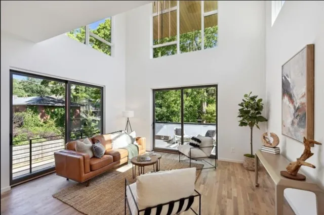 a living room with furniture kitchen view and a potted plant