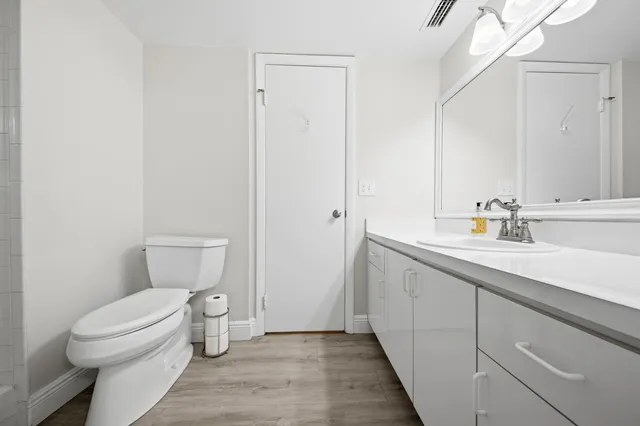 a bathroom with a sink a toilet and a mirror