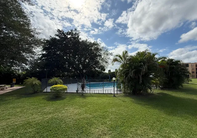a view of a park with large trees
