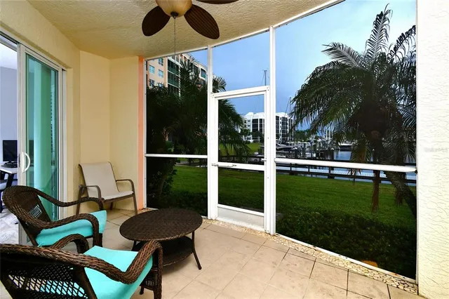 a view of a patio with chair and table