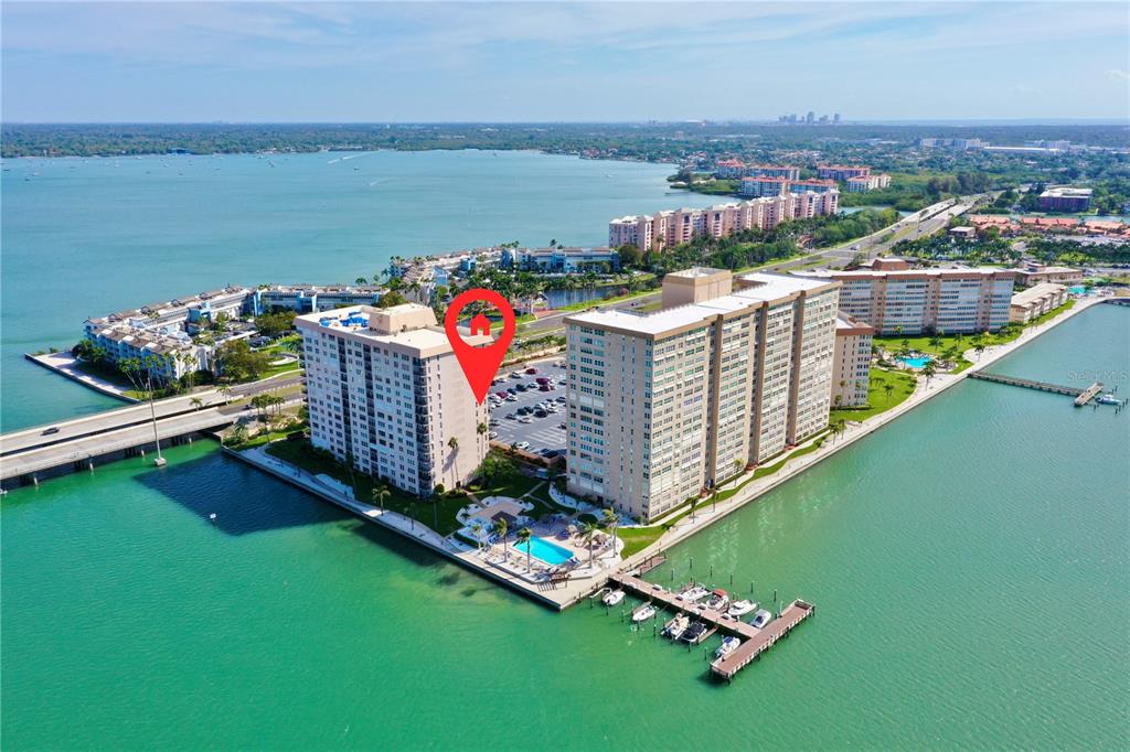 Bayway Isles St. Petersburg Florida,  Point Brittany Community, Building Five. First-come first-serve boat dock seen here. Pool seen here. Stunning location