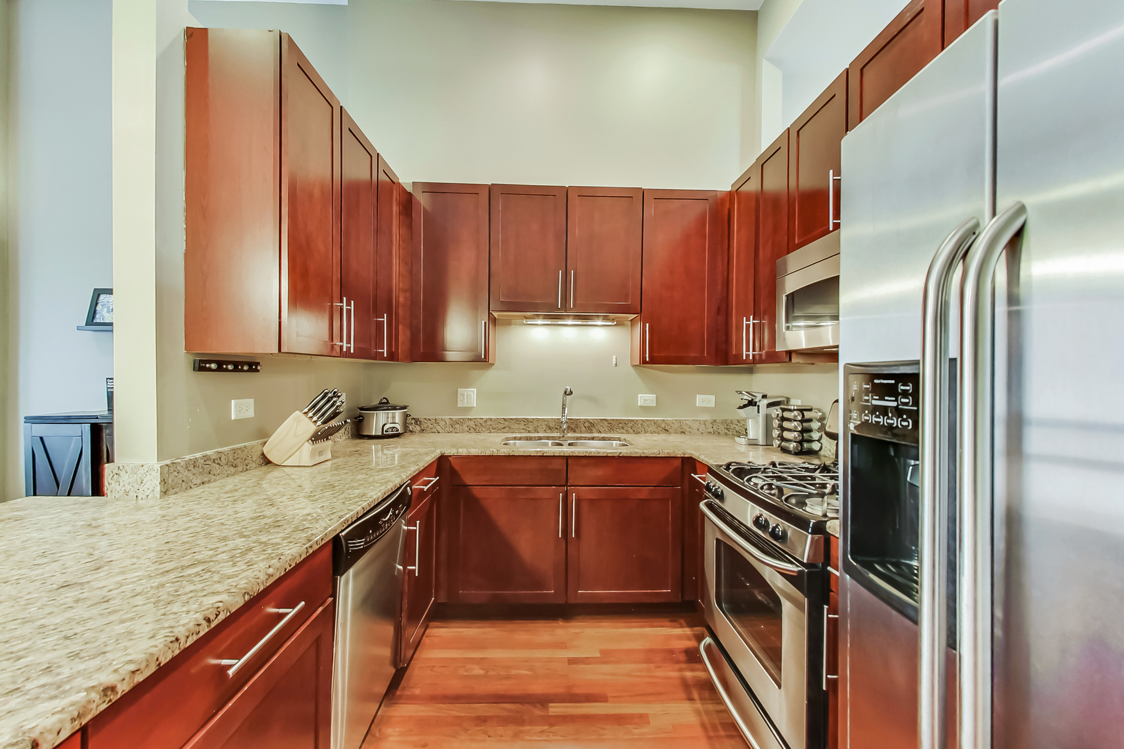 2122 West Rice Street, Unit 1 Chicago, IL 60622 - Photo 10 of 22 a kitchen with stainless steel appliances granite countertop a sink stove and refrigerator