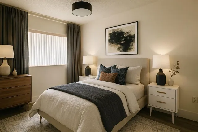 a bedroom with bed and window