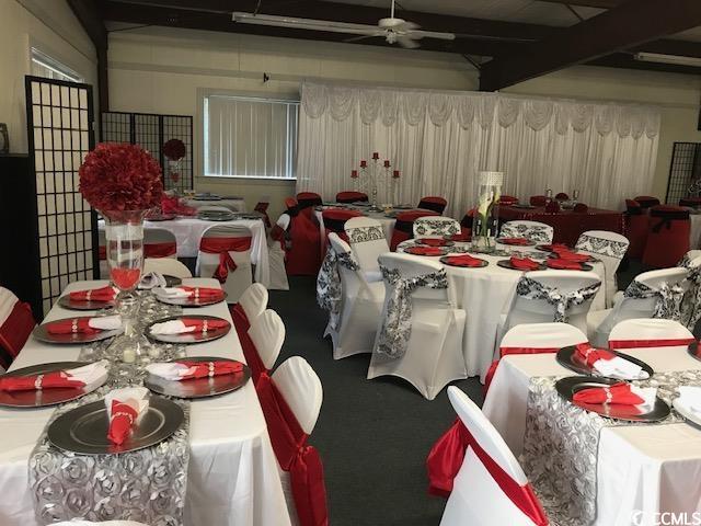2100 Nesmith Road Nesmith, SC 29580 - Photo 36 of 37 Dining room featuring beamed ceiling, a ceiling fan, and carpet floors
