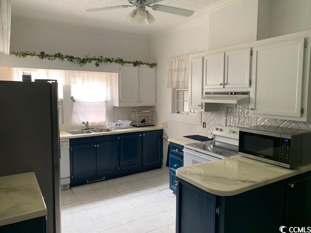 2100 Nesmith Road Nesmith, SC 29580 - Photo 6 of 37 Kitchen with white appliances, blue cabinets, a sink, under cabinet range hood, and a ceiling fan