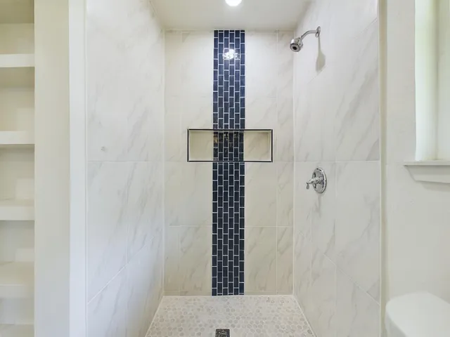 a bathroom with a shower and a toilet