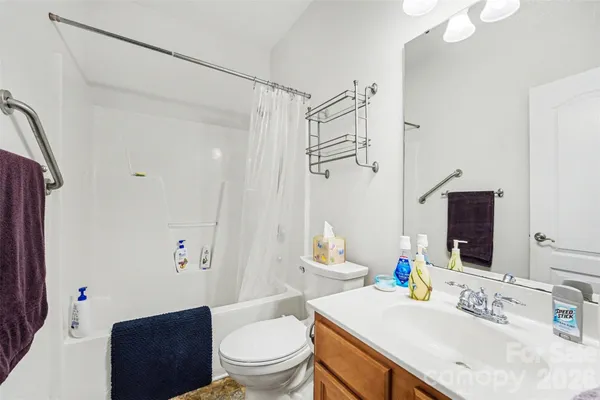 a bathroom with a sink toilet vanity and shower