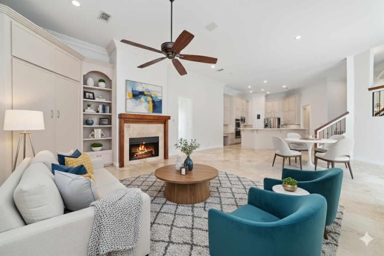 32610 Whitburn Trail Fulshear, TX 77441 - Photo 19 of 49 a living room with furniture a window and a fireplace