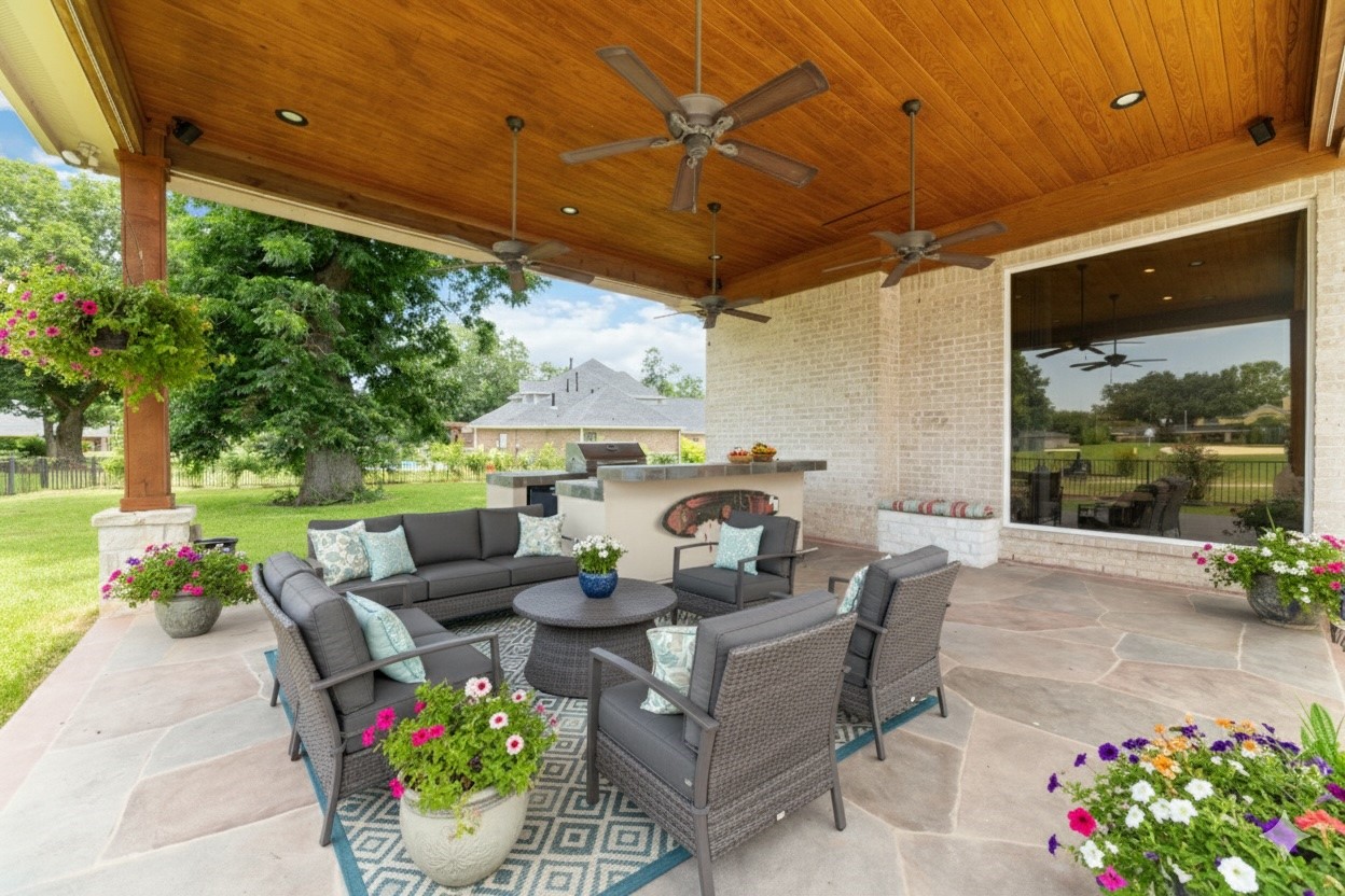 32610 Whitburn Trail Fulshear, TX 77441 - Photo 42 of 49 a view of a patio with a dining table and chairs with a small yard