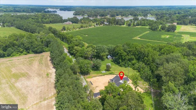 an aerial view of residential houses with outdoor space and trees