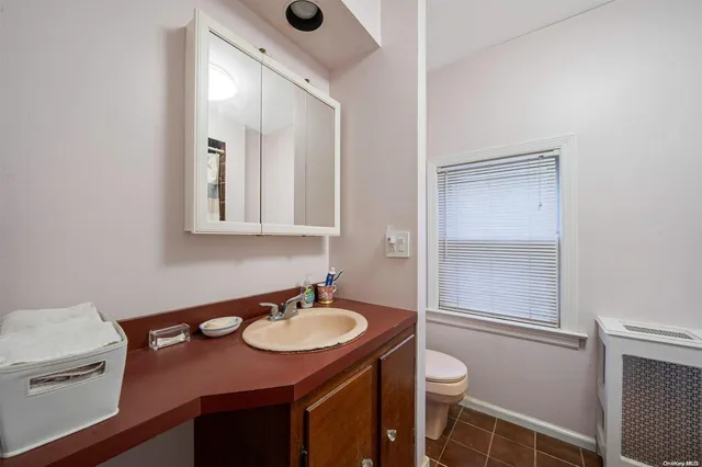 a bathroom with a sink a toilet and mirror