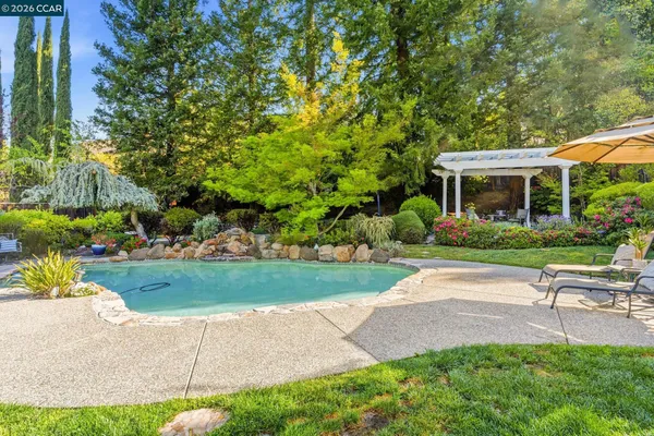 a view of a backyard with plants and a patio