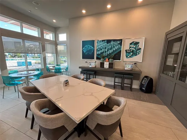 a dinning table and chairs in a room