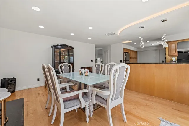 a view of a dining room with furniture