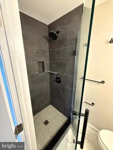 a bathroom with a shower and toilet