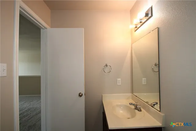 a bathroom with a sink and mirror