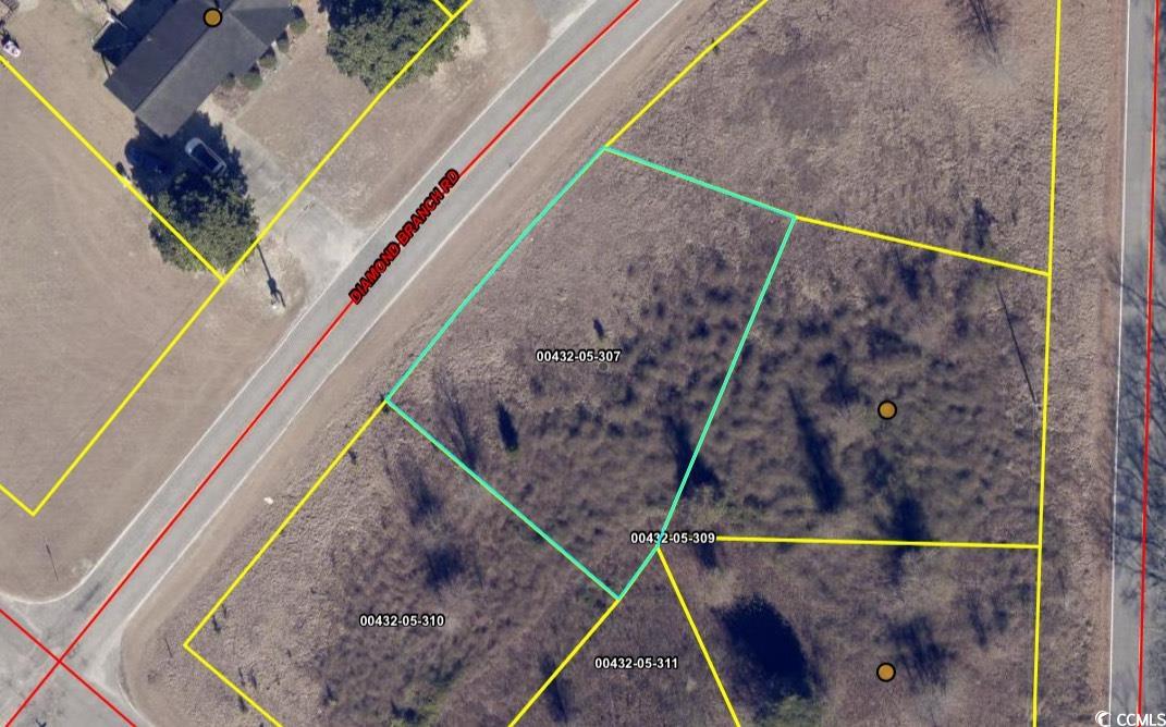 Aerial view of property's location with property parcel outlined