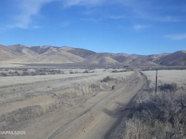 a view of a dry field with mountains in the background