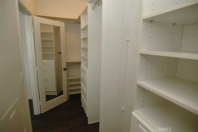 a bathroom with a walk in closet and wooden floor