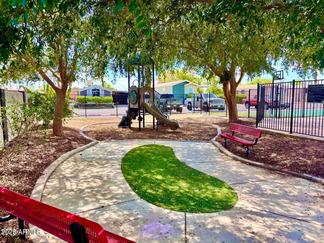 a view of a park with slide