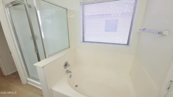 a bathroom with a bathtub and a shower