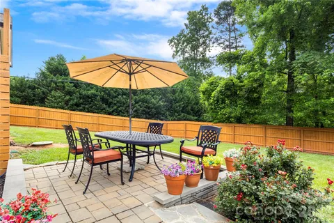 an outdoor space with furniture