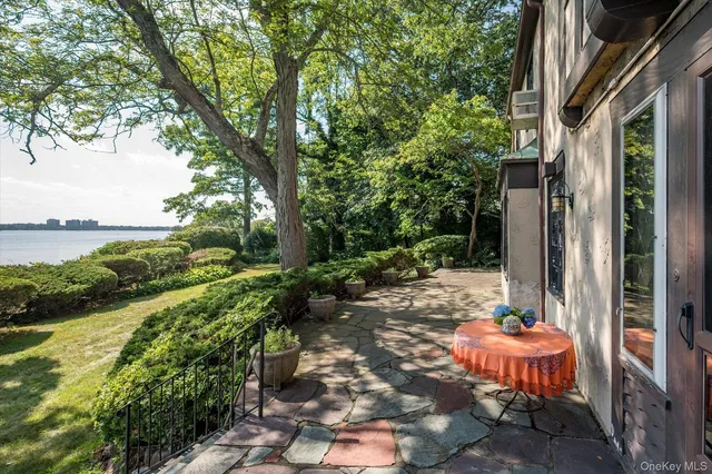 a view of a patio with table and chairs potted plants and large tree