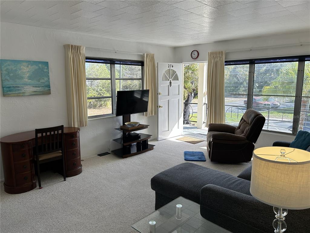 4154 57th Street North, Unit 274 Kenneth City, FL 33709 - Photo 4 of 28 a living room with furniture and a flat screen tv with large windows