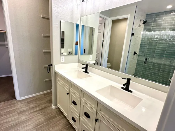 a bathroom with a shower and a sink