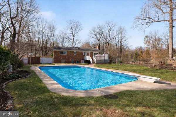 a view of a swimming pool with a yard