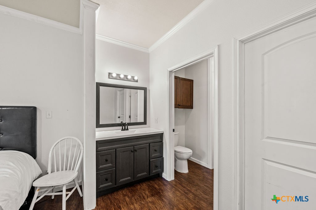 2795 Highway 290 Dripping Springs, TX 78620 - Photo 36 of 40 a bathroom with a toilet sink a mirror and vanity