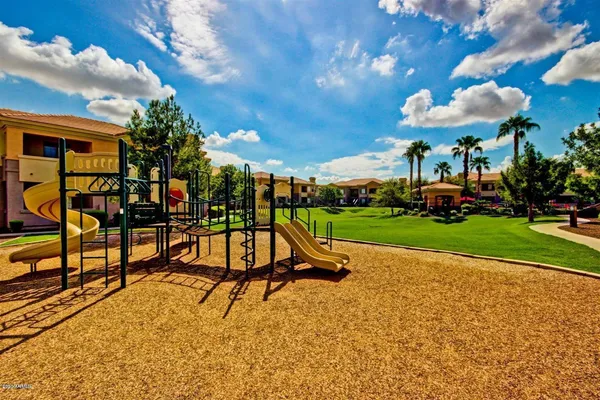 a view of a park with slide