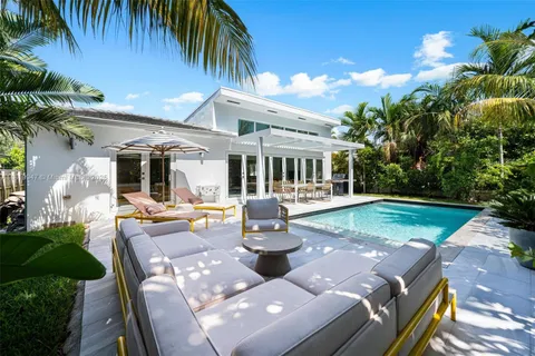 a view of a house with swimming pool and sitting area