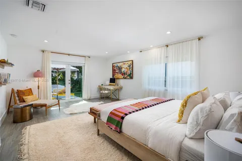 a spacious bedroom with a bed and a refrigerator