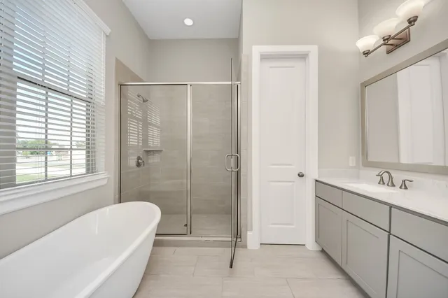 a bathroom with a tub sink shower and mirror