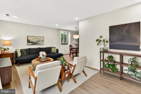 a living room with furniture a dining table and a potted plant