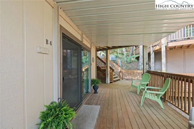 a porch with seating space