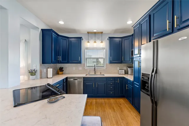 a kitchen with stainless steel appliances granite countertop a sink refrigerator and cabinets