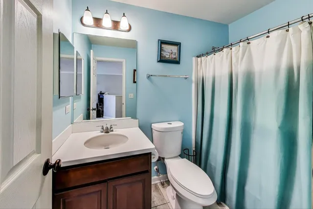 a bathroom with a sink a toilet and shower curtain