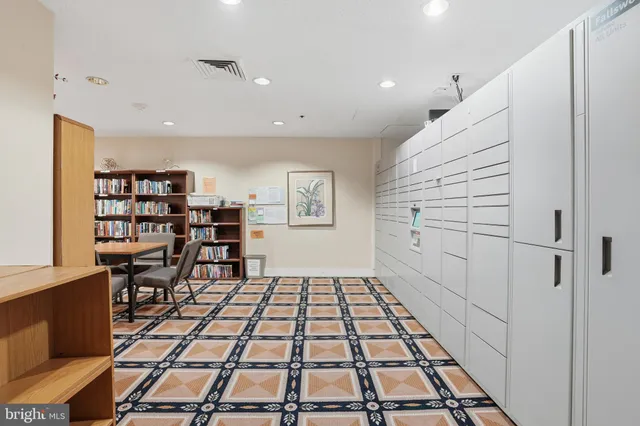 a view of a room with racks on the wall