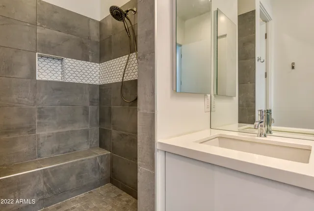a bathroom with a sink and a shower