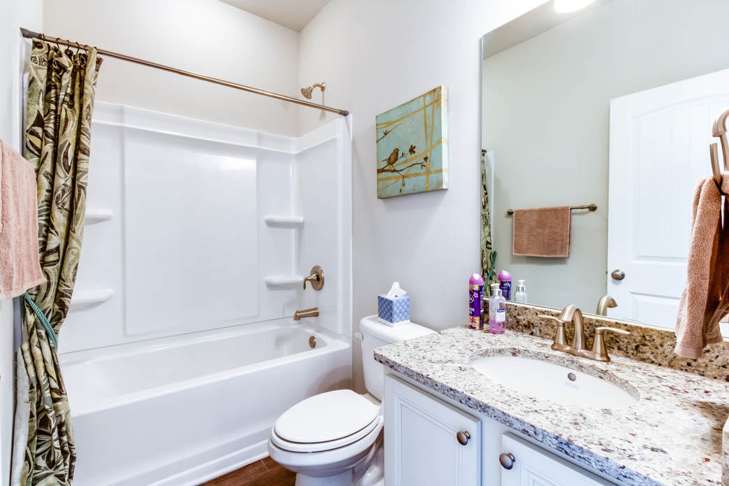110 Conner Circle Santa Rosa Beach, FL 32459 - Photo 24 of 40 a bathroom with a granite countertop sink a mirror a bathtub and a toilet