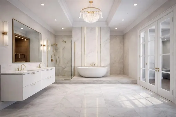 a spacious bathroom with a double vanity sink a mirror and a bathtub